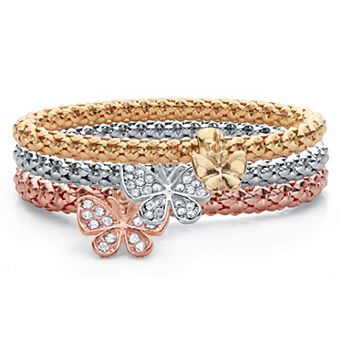 PalmBeach Jewelry Crystal Butterfly Rose Tone Goldtone and Silvertone Stretch Bracelet Set 8"