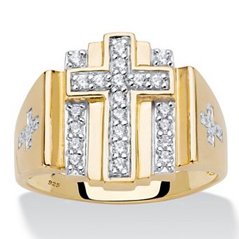 PalmBeach Jewelry Men's .50 ct w. Gold-Plated Silver Round Cubic Zirconia Layered Cross Ring