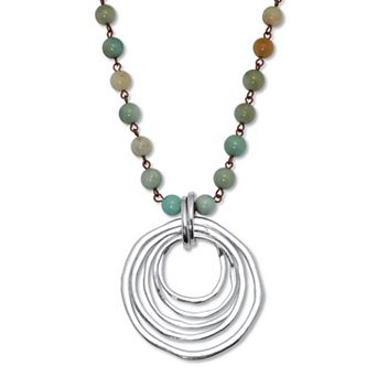 PalmBeach Jewelry Round Genuine Green Amazonite Silvertone Drop Pendant Necklace 34-inch