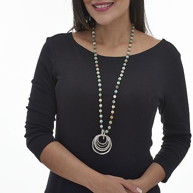 PalmBeach Jewelry Round Genuine Green Amazonite Silvertone Drop Pendant Necklace 34-inch
