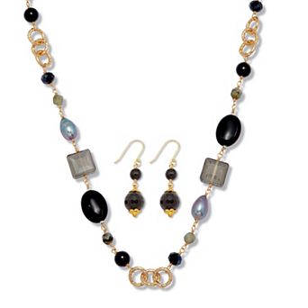 PalmBeach Jewelry Genuine Black Onyx Goldtone Necklace and Earring Set