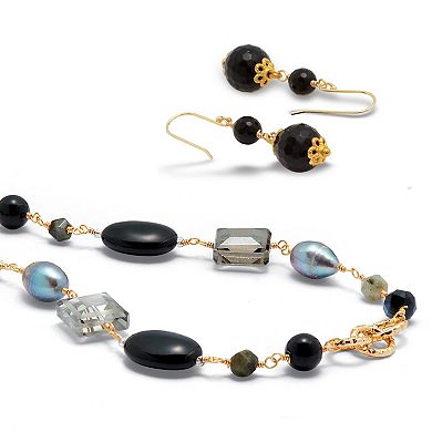 PalmBeach Jewelry Genuine Black Onyx Goldtone Necklace and Earring Set