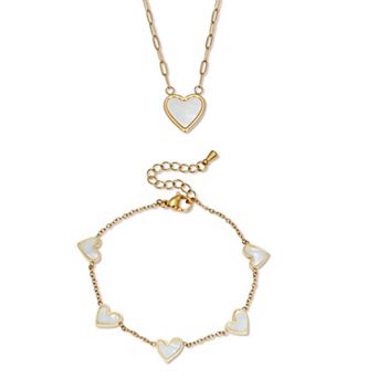 PalmBeach Jewelry Genuine Mother of Pearl Gold Ion-Plated Stainless Steel Heart Jewelry Set