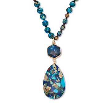 PalmBeach Jewelry Genuine Blue Agate Goldtone Beaded Drop Pendant Necklace 34-inch