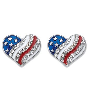 PalmBeach Jewelry Crystal and Enamel Stainless Steel American Flag Patriotic Heart-Shaped Earrings