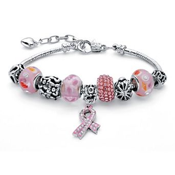 PalmBeach Jewelry Pink Crystal Bali-Style Breast Cancer Awareness Silvertone Bracelet 8"-10"