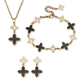 PalmBeach Jewelry Genuine Black Onyx Gold Ion-Plated Stainless Steel Clover Jewelry Set