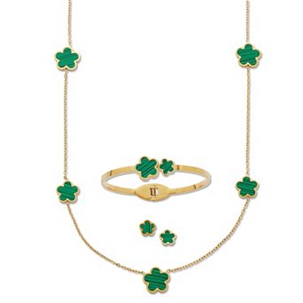 PalmBeach Jewelry Genuine Green Malachite Gold Ion-Plated Stainless Steel Clover Jewelry Set