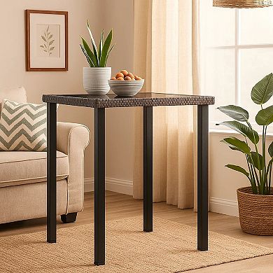 Gary Garden Dining Table, Square Glass Top, Rattan