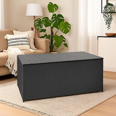 Outdoor Poolside Storage Chest, Black Poly Rattan, Gas Lift Lid, 47 Inch
