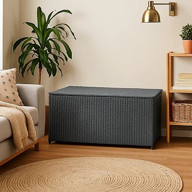 Outdoor Poolside Storage Chest, Black Poly Rattan, Gas Lift Lid, 47 Inch