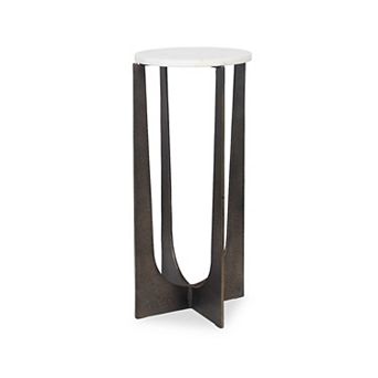 Dery Accent Table, 12 Inch Round White Marble Top, Brass Bronze Legs
