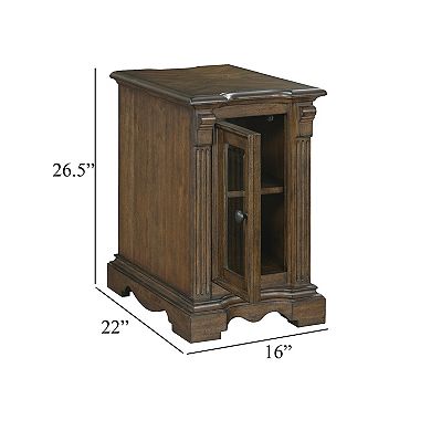 Rox Chairside End Table, 22 Inch, 1 Glass Door w USB A and C Ports, Brown