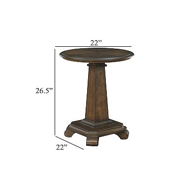 Rox Side End Table, 22 Inch Round Top, Tapered Pedestal Base, Brown