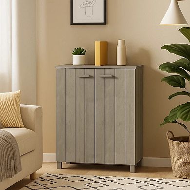 Shoe Cabinet, Gray Solid Pine Wood w Block Legs, 4 Shelves, 43 Inch