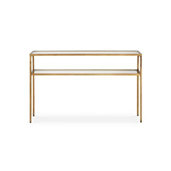 Ted Sofa Console Table w Open Shelf, 48 Inch Glass Top, Gold Iron