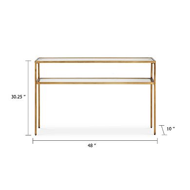 Ted Sofa Console Table w Open Shelf, 48 Inch Glass Top, Gold Iron