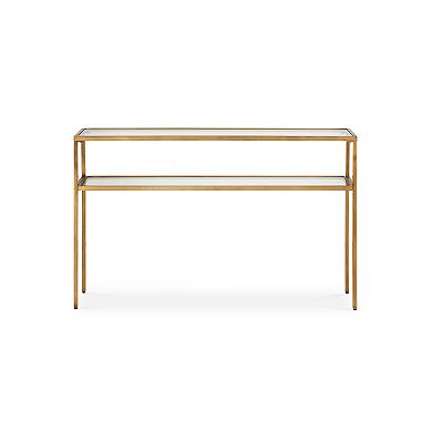 Ted Sofa Console Table w Open Shelf, 48 Inch Glass Top, Gold Iron