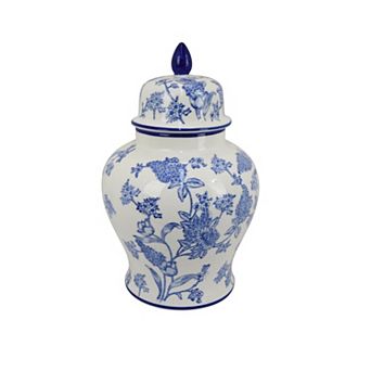 Temple Jar, Blue Floral Design, White Ceramic, Vintage Style, 16 Inch