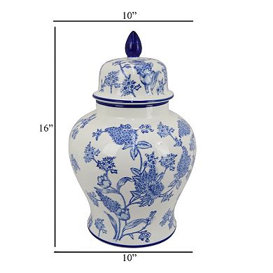 Temple Jar, Blue Floral Design, White Ceramic, Vintage Style, 16 Inch