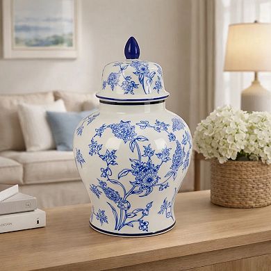 Temple Jar, Blue Floral Design, White Ceramic, Vintage Style, 16 Inch