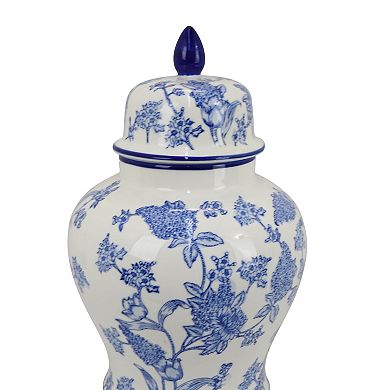 Temple Jar, Blue Floral Design, White Ceramic, Vintage Style, 16 Inch