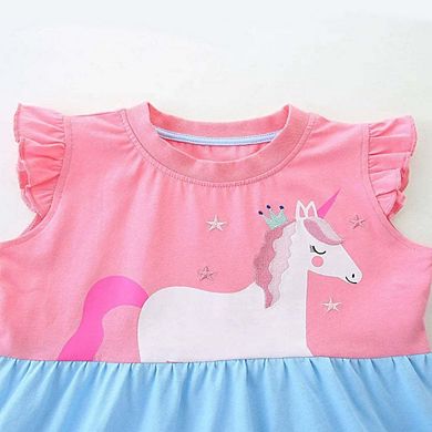 Cute Unicorn Cartoon Pattern Fly Sleeves Dress