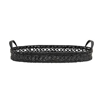 Hello Honey Decorative Hand-Woven Rattan Tray with Handles, Black