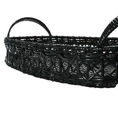 Hello Honey Decorative Hand-Woven Rattan Tray with Handles, Black