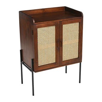 Hello Honey Boho Solid Wood Bar Cabinet with Metal Legs and Woven Cane Doors, Walnut and Natural