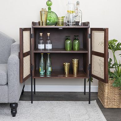 Hello Honey Boho Solid Wood Bar Cabinet with Metal Legs and Woven Cane Doors, Walnut and Natural