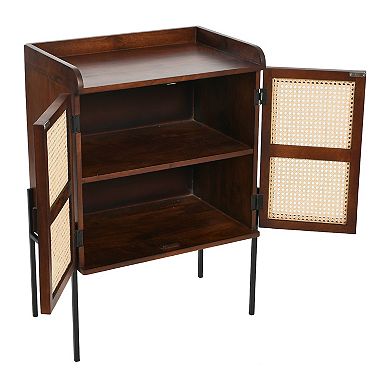 Hello Honey Boho Solid Wood Bar Cabinet with Metal Legs and Woven Cane Doors, Walnut and Natural