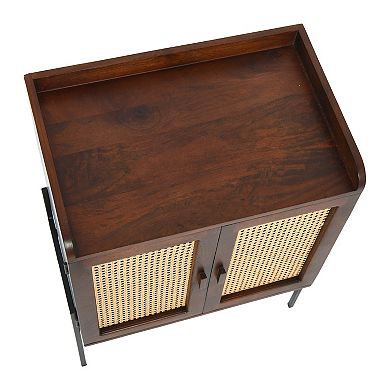 Hello Honey Boho Solid Wood Bar Cabinet with Metal Legs and Woven Cane Doors, Walnut and Natural