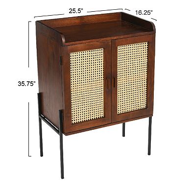 Hello Honey Boho Solid Wood Bar Cabinet with Metal Legs and Woven Cane Doors, Walnut and Natural