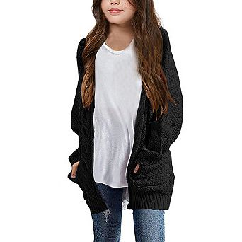 Girls Open Front Long Sleeve Cardigan Sweaters Cable Knit Coat