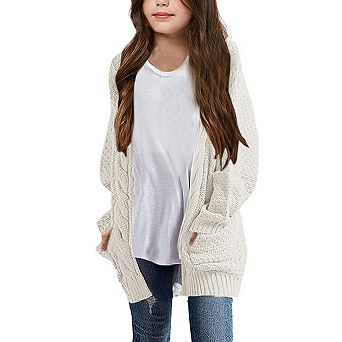 Girls Open Front Long Sleeve Cardigan Sweaters Cable Knit Coat