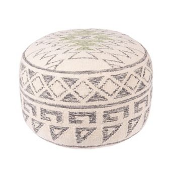 Hello Honey Round Wool Blend Kilim Pouf with Geometric Design, Grey