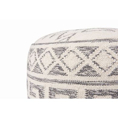 Hello Honey Round Wool Blend Kilim Pouf with Geometric Design, Grey