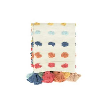 Hello Honey Soft Woven Cotton Throw with Tufted Dots and Tassels, Multicolor