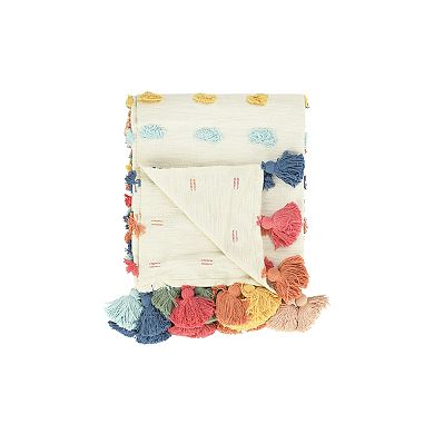 Hello Honey Soft Woven Cotton Throw with Tufted Dots and Tassels, Multicolor