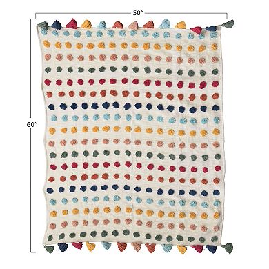Hello Honey Soft Woven Cotton Throw with Tufted Dots and Tassels, Multicolor