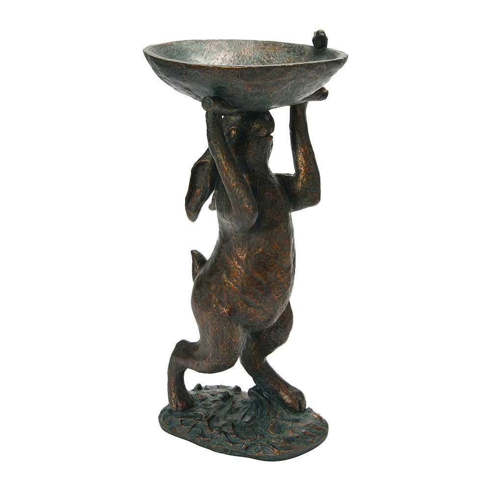 Hello Honey Decorative Resin Rabbit Bird Bath, Green Patina Finish