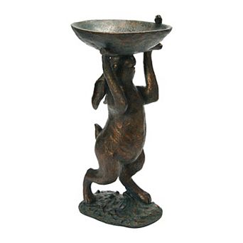 Hello Honey Decorative Resin Rabbit Bird Bath, Green Patina Finish