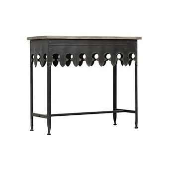 Hello Honey Rustic Farmhouse Metal Console Table with Solid Wood Top, Distressed Grey