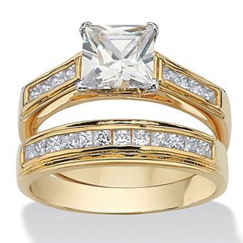 PalmBeach Jewelry 2.92 TCW Princess-Cut Cubic Zirconia Yellow Gold-Plated Wedding Band Set