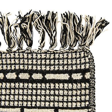 Hello Honey Soft Reclaimed Cotton Blend Throw with Diamond Pattern and Fringe, Black and Beige