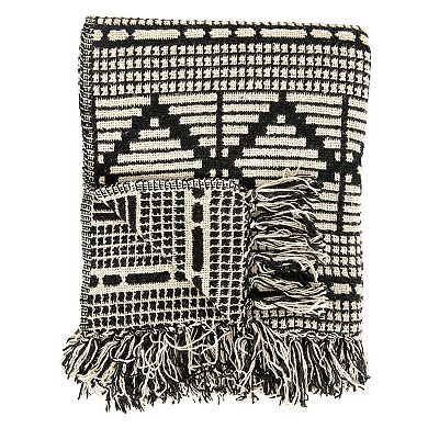 Hello Honey Soft Reclaimed Cotton Blend Throw with Diamond Pattern and Fringe, Black and Beige