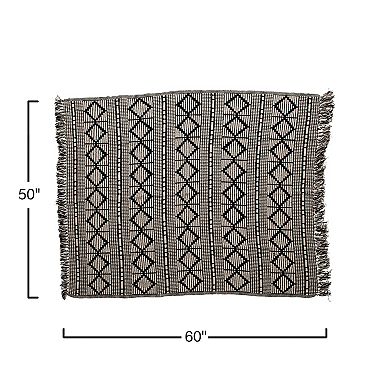 Hello Honey Soft Reclaimed Cotton Blend Throw with Diamond Pattern and Fringe, Black and Beige