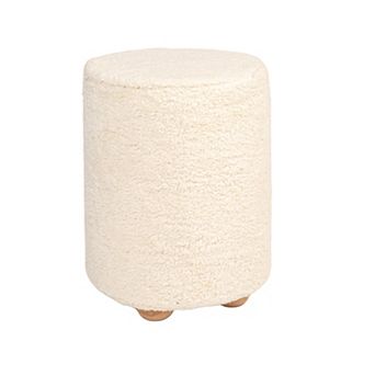 Hello Honey Round Sherpa Upholstered Pouf with Pine Wood Feet, Cream and Natural