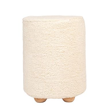 Hello Honey Round Sherpa Upholstered Pouf with Pine Wood Feet, Cream and Natural